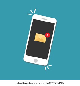 New message on the smartphone screen. Email notification concept.  Unread email notification. Vector illustration.