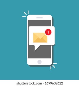 New message on the smartphone screen. Email notification concept.  Unread email notification. Vector illustration.