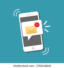 New message on the smartphone screen. Email notification concept.  Unread email notification. Vector illustration.