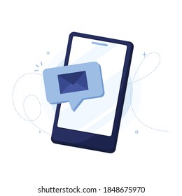 New message on the smartphone screen. Correspondence by mail. Email notification concept. Letter in an envelope. Business marketing. On white background. Flat design. Blue. Eps 10