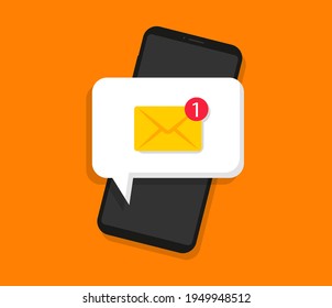 New message on the smartphone screen. Unread email notification. Speech bubble with unread mail. Mobile notice concept. Vector illustration in flat style. EPS 10