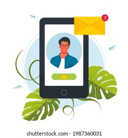 New message on the smartphone screen. Smartphone with notification sms on screen.Alert of new message mail on mobile phone. Reminder inbox notice in app. Vector illustration