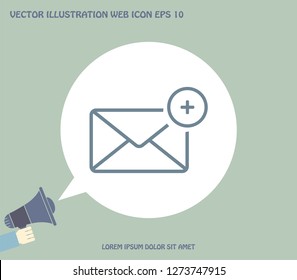 A new message, a picture of a letter with a plus sign, vector icon.