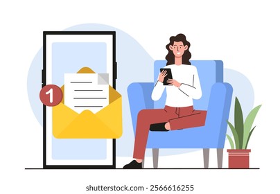 New message at smartphone. Woman near mobile phone with envelope with letter. Electronic mail and message. Notification and reminder. Business correspondence. Flat vector illustration