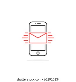 new message in thin line phone. flat linear style trend modern logotype outlined ui graphic art design isolated on white. concept of on-line subscription like marketing and feedback in e-commerce