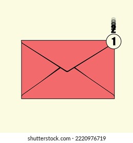 A new message. Unread message. Red envelope with single unread message icon on light yellow background