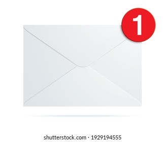 New message vector illustration. White envelope with red notification bubble icon isolated on background.