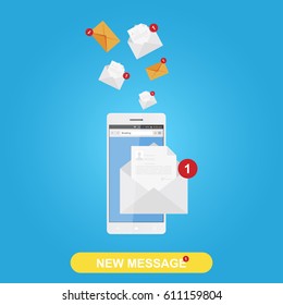 New message in white smartphone on background world map, notification icon. Flat vector illustration EPS 10