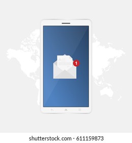 New message in white smartphone on background world map, notification icon. Flat vector illustration EPS 10 