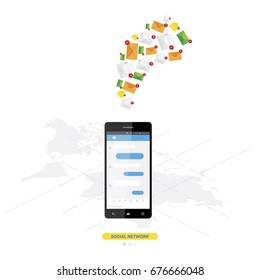 New message in white smartphone on background world map, notification icon. Flat vector illustration EPS 10