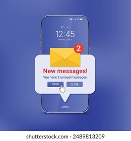 New messages notification Pop up on the Realistic smartphone screen. Unread email notification. Mobile Phone with New unread Messages and icons symbols. Vector illustration isolate on blue background