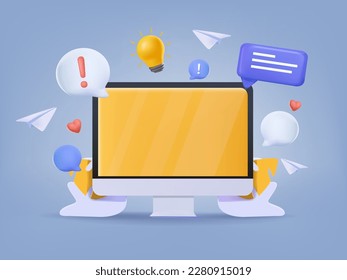 Nuevos mensajes en la pantalla del equipo de escritorio. Burla de pantalla vacía. Representación de iconos de estilo de dibujos animados de concepto 3D de Messenger. Mensaje de medios sociales, comunicación. Monitor vectorial 3D aislado en fondo azul