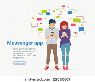 A new messenger app concept flat vector illustration of young boy and girl using mobile smartphone for texting in networks messenger or dating app. Smiling couple standing with chat speech bubbles