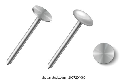 New metal nails set. Chrome steel building hardware with gray circle cap. Stainless metallic or aluminum tool collection side view isolated. 3d vector illustration