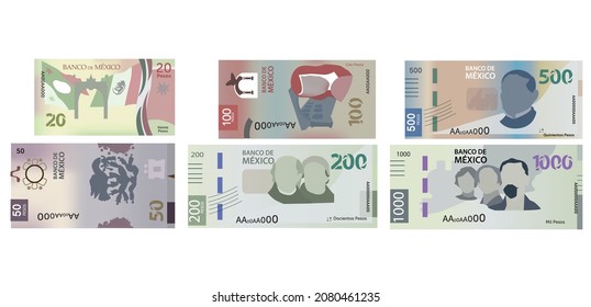 New Mexican bills of 20, 50, 100, 200, 500 and 1,000 pesos.