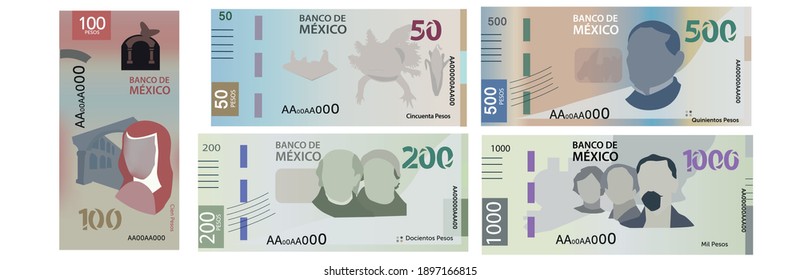 New Mexican bills of 50, 100, 200, 500 and 1,000 pesos.