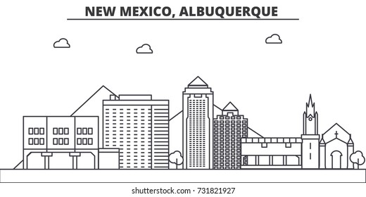 New Mexico, Albuquerque architecture line skyline illustration. Linear vector cityscape with famous landmarks, city sights, design icons. Landscape wtih editable strokes