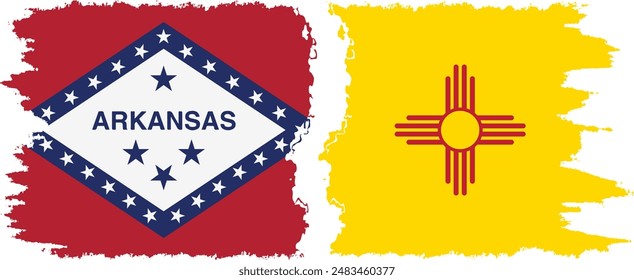 New Mexico and Arkansas states grunge brush flags connection, vector