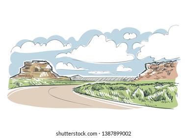 New Mexico Chaco kanion vector sketch illustration usa nature 