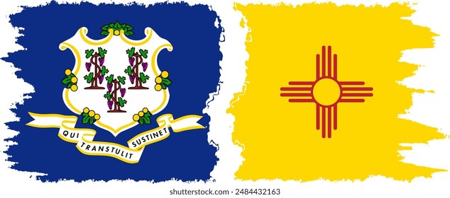 New Mexico and Connecticut states grunge brush flags connection, vector