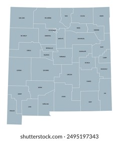 New Mexico counties, gray political map with borders and county names. State in the Southwestern region of the United States, subdivided into 33 counties. Nicknamed The Land of Enchantment.