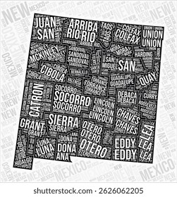 New Mexico counties map word cloud. New Mexico region names. Black and white map design. Creative vector illustration.
