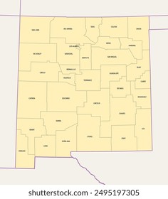 New Mexico counties, political map with borders and county names. State in the Southwestern region of the United States, subdivided into 33 counties. Nicknamed The Land of Enchantment. Illustration