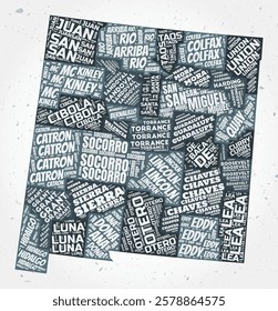 New Mexico counties word cloud in the shape of the state on a textured background. Typographic design in a creative vector illustration style.