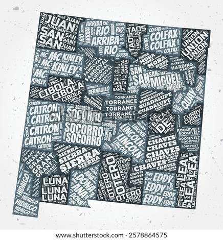 New Mexico counties word cloud in the shape of the state on a textured background. Typographic design in a creative vector illustration style.
