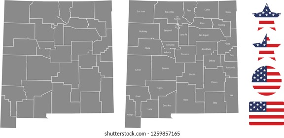 New Mexico county map vector outline in gray background. New Mexico state of USA map with counties names labeled and United States flag icon vector illustration designs