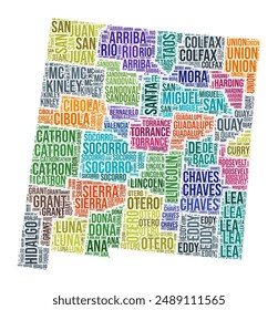 New Mexico county word cloud. State shape design. New Mexico colored illustration. County names collage cloud. Vector illustration.