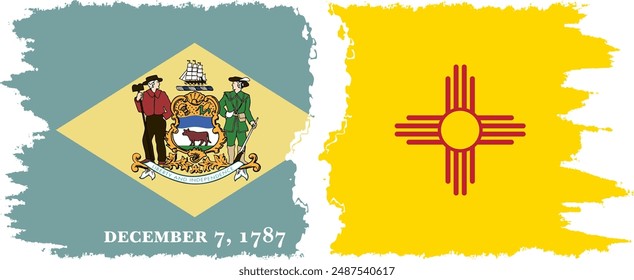 New Mexico and Delaware states grunge brush flags connection, vector