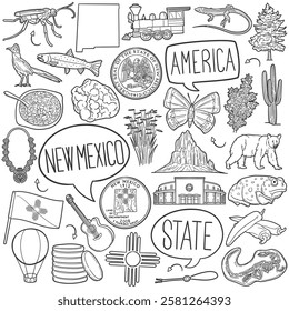 New Mexico Doodle Icons Black and White Line Art. USA State Clipart Hand Drawn Symbol Design.