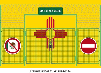 New Mexico flag behind barbed wire and a fence with a lock. The problem of illegal migration

