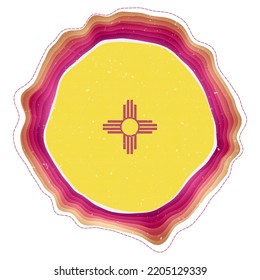 New Mexico flag in frame. Badge of the US state. Layered circular sign around New Mexico flag. Artistic vector illustration.
