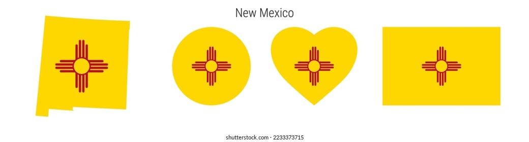 New Mexico flag icon set. American state pennant in official colors and proportions. Rectangular, map-shaped, circle and heart-shaped. Flat vector illustration isolated on white.