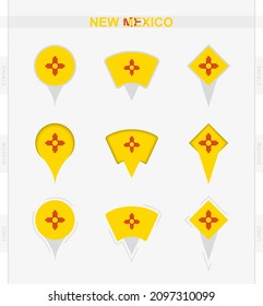 New Mexico flag, set of location pin icons of New Mexico flag. Vector illustration of national symbols.