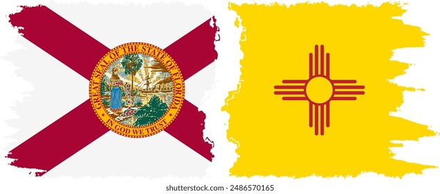 New Mexico and Florida states grunge brush flags connection, vector