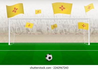 New Mexico football team fans with flags of New Mexico cheering on stadium, penalty kick concept in a soccer match. Sports vector illustration.