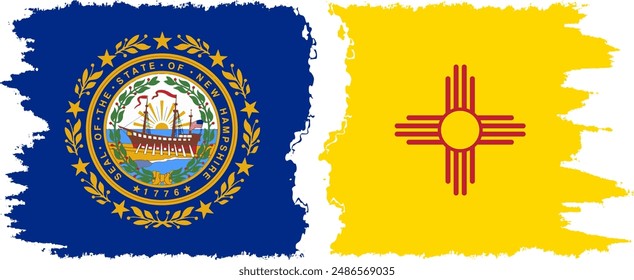 New Mexico and New Hampshire states grunge brush flags connection, vector