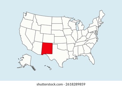 New Mexico highlighted in USA map isolated on blue background