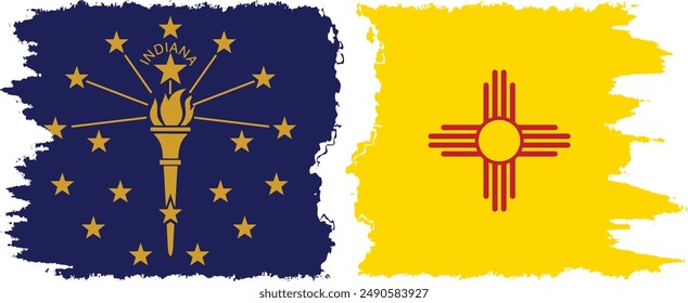 New Mexico and Indiana states grunge brush flags connection, vector