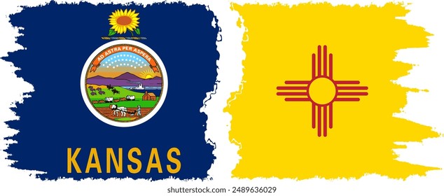 New Mexico and Kansas states grunge brush flags connection, vector