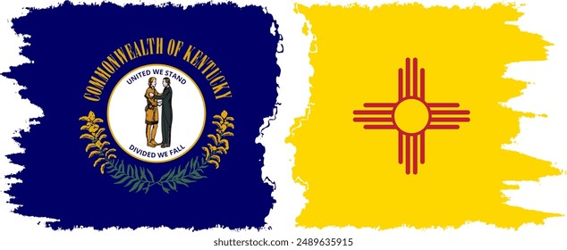 New Mexico and Kentucky states grunge brush flags connection, vector