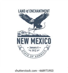 New Mexico, Land of Enchantment, stylized emblem of the state of America, eagle, blue color