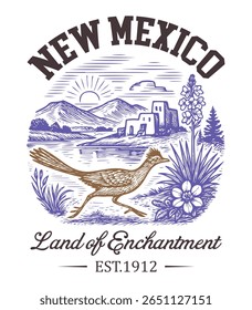New Mexico Land of Enchantment - US State Vintage T-shirt Vector, USA States Cityscape Landmark Icons, American State Typography Shirt, USA Skyline Clipart, Retro travel city illustration
