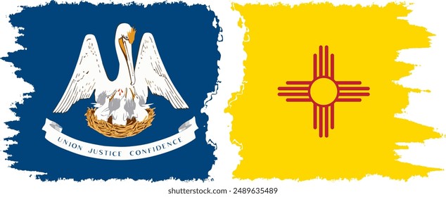 New Mexico and Louisiana states grunge brush flags connection, vector