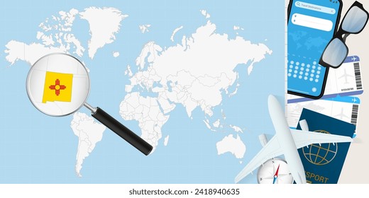 New Mexico is magnified over a World Map, illustration with airplane, passport, boarding pass, compass and eyeglasses. Vector illustration.