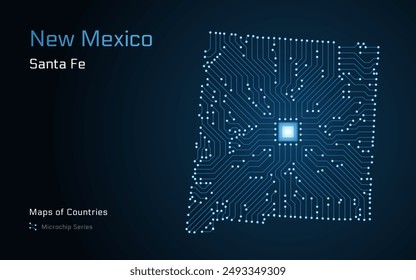 New Mexico Map with a capital of Santa Fe Shown in a Microchip Pattern. E-government. United States vector maps. Microchip Series	