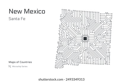 New Mexico Map with a capital of Santa Fe Shown in a Microchip Pattern. E-government. United States vector maps. Microchip Series	